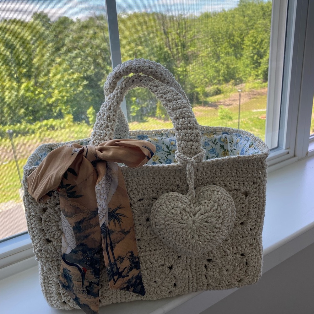 Handcrafted Cream Crochet Bag with Heart Accent